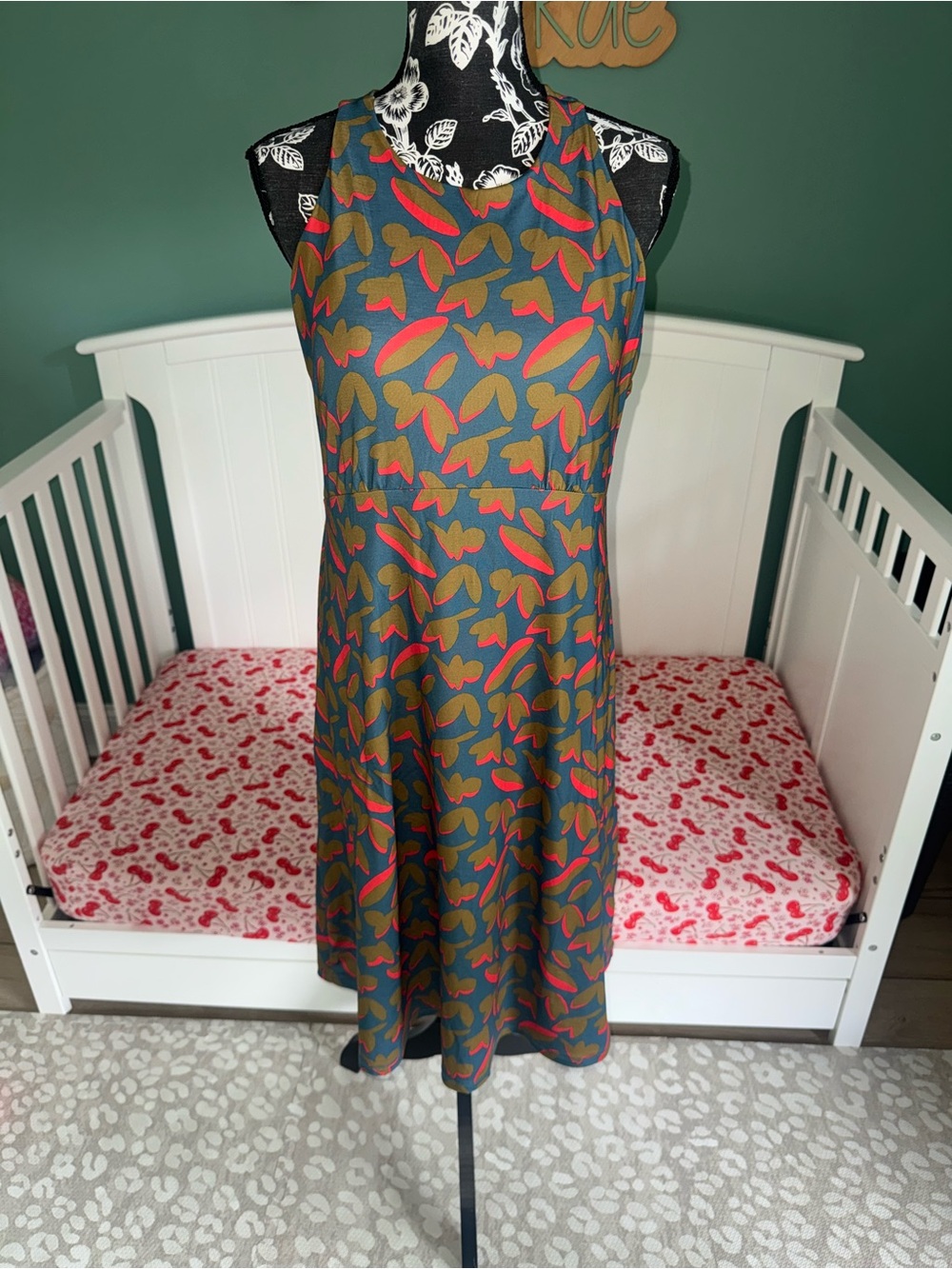 Prana Sleeveless Olive Green Patterned Midi Dress with Pink Accents, Sports Bra